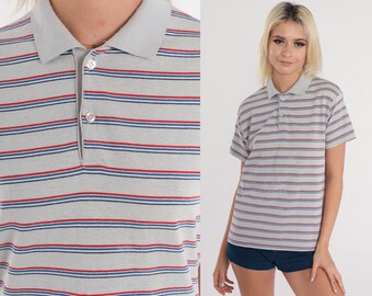 Grey Striped Polo Shirt 80s Collared T-shirt Half Button Up Preppy Casual Short Sleeve TShirt Red Blue Basic Collar Vintage 1980s Medium M