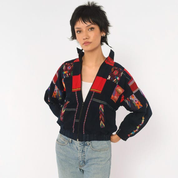 90s Guatemalan Patchwork Bomber Jacket Navy Red Cotton Cropped Embroidered Woven Stand Collar Hippie Festival Multicolor Coat Extra Small XS