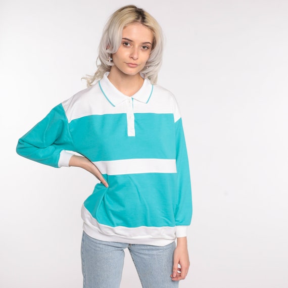 Polo Sweatshirt Turquoise Blue Striped Sweatshirt… - image 3