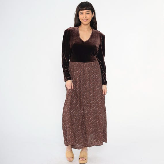 Vintage Floral Velvet Dress 90s Brown Romantic Grunge Scoop Neck Maxi Dress Boho Hippie High Waist Bohemian 1990s Long Sleeve Extra Large xl