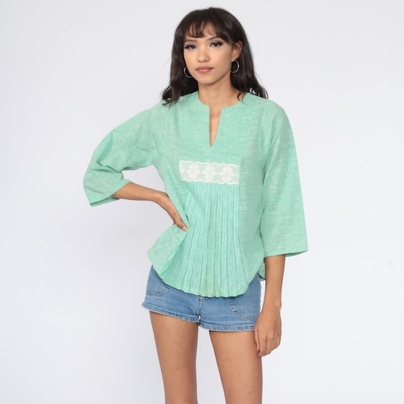 Boho Blouse Mint Green Bell Sleeve Cotton Gauze Tunic 70s Lace Top Festival Hippie Shirt Bohemian Trapeze Tent 1970s Small
