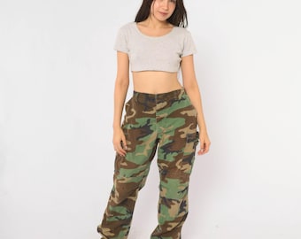 90s Camo Cargo Pants Olive Green Military Baggy Cotton Combat Trousers Brown Woodland Camouflage Button Fly Army Surplus Utility Medium M