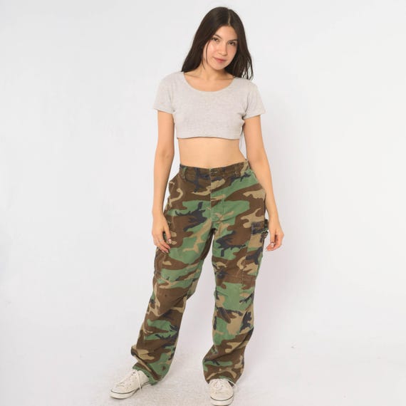 90s Camo Cargo Pants Olive Green Military Baggy Cotton Combat Trousers Brown Woodland Camouflage Button Fly Army Surplus Utility Medium M