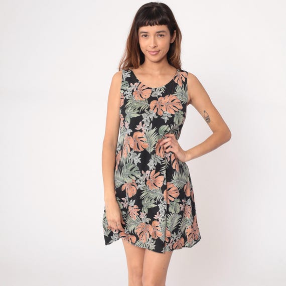 90s Mini Tropical Dress Black Coral Green Leaf Print Monstera Palm Frond Cotton Summer Vacation Beach Resort Hawaiian Style Vintage Small S