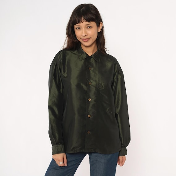 Olive Green Top Satin Button Front Shirt Collared Long Sleeve Coach Style Dark Forest Casual Vintage Lightweight Soft Grunge Alt Medium M