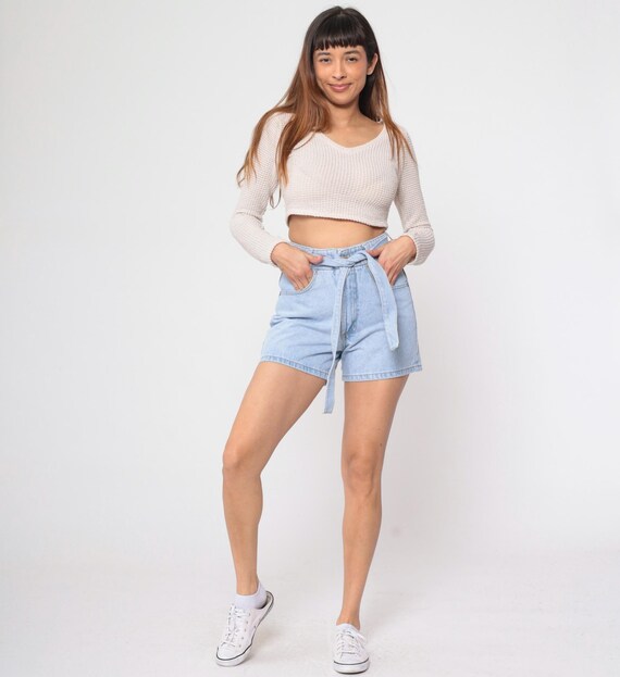 90s Denim Shorts Belted High Waisted Jean Shorts Retro Mom High Rise Waist Light Wash Blue Vintage 1990s Smooth Back Pocketless Small S