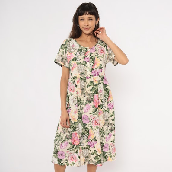 90s Floral Sundress Button Front Dress Cream Pink Garden Print Cotton Blend Short Sleeve Prairie Cottagecore Green Purple Frock Medium M