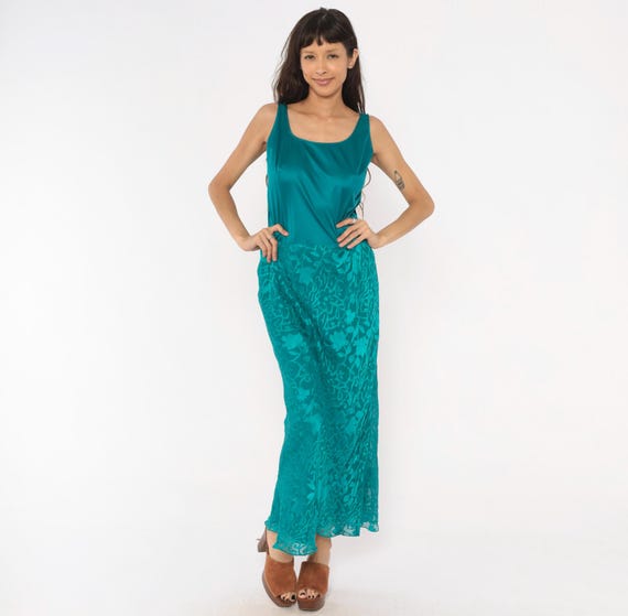 Y2K Teal Burnout Maxi Dress Cattiva Silk Floral Devore Sleeveless Gown Aqua Turquoise Evening Cocktail Party Summer Spring Bright Medium M