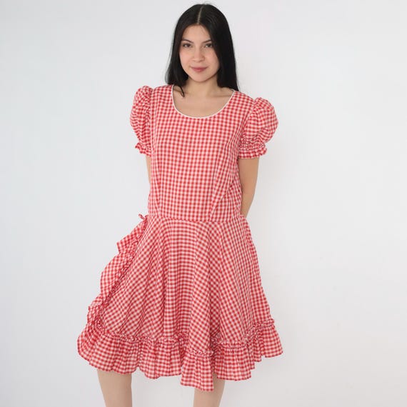 Vintage Gingham Square Dance Dress 80s Red Puff Sleeve Ruffle Hem Tiered Eyelet Lace 1980s Western Country Midi Scoop Neck Checkered Medium