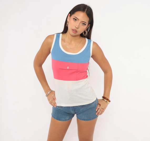 80s Color Block Tank Top Blue Pink White Sleeveless Cotton Blouse Chest Pocket Summer Shirt Preppy Sporty Stripe Gym Athletic Extra Small XS