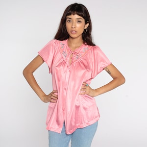 Vanity Fair Lingerie Pink Pajama Shirt 80s Nylon Pajamas Top Button Up Blouse Puff Sleeve Sleep Shirt Vintage 1980s Short Sleeve Medium