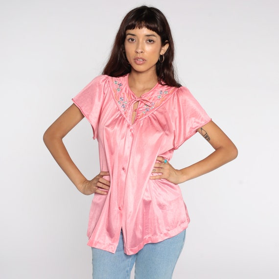 Vanity Fair Lingerie Pink Pajama Shirt 80s Nylon Pajamas Top Button Up Blouse Puff Sleeve Sleep Shirt Vintage 1980s Short Sleeve Medium