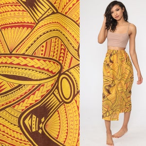 African Skirt Boho Tribal Print Yellow HIGH WAISTED Midi Skirt 80s Long Vintage Hippie Festival Summer Skirt 1980s Small Medium image 1