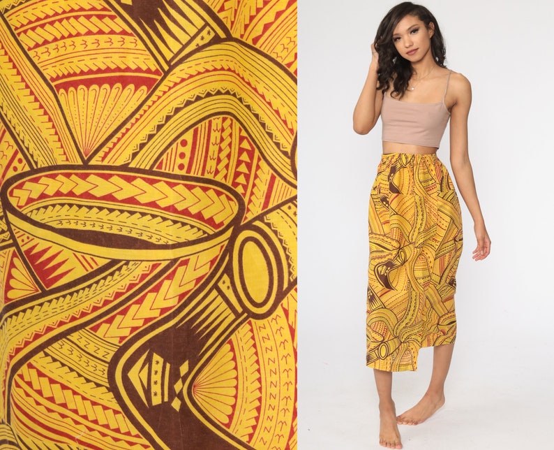 African Skirt Boho Tribal Print Yellow HIGH WAISTED Midi Skirt 80s Long Vintage Hippie Festival Summer Skirt 1980s Small Medium image 1