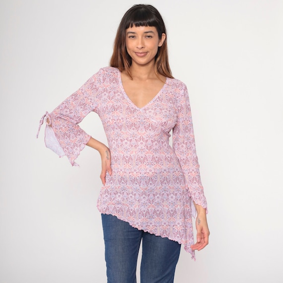 Y2K Paisley Top Pink Long Bell Sleeve Shirt V Neckline Asymmetrical Lettuce Edge Hem Going Out Blouse Hippie Vintage 00s Tight Large L
