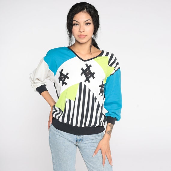 Color Block Sweatshirt 80s Sweater Crewneck Blue Green Striped Graphic Retro Slouchy Pullover Sweat Shirt Vintage Small