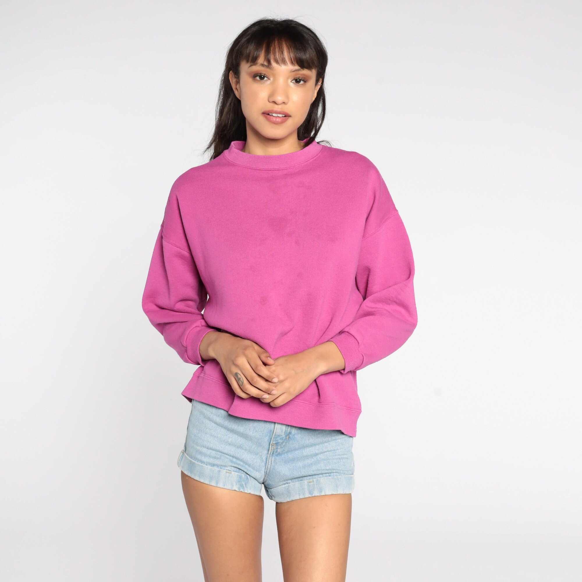 Fuchsia Sweatshirt 80s Sweatshirt Pink-Purple Shirt Plain Long Sleeve Shirt Slouchy 1980s 