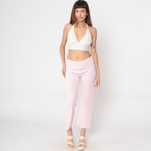 Baby Pink Flared Pants 70s Embossed Pastel Trousers Hippie Flares Plain Textured Checkered High Waisted Rise Retro Vintage 1970s Large 12