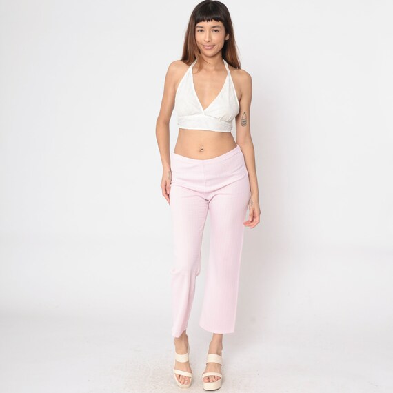 Baby Pink Flared Pants 70s Embossed Pastel Trousers Hippie Flares Plain Textured Checkered High Waisted Rise Retro Vintage 1970s Large 12