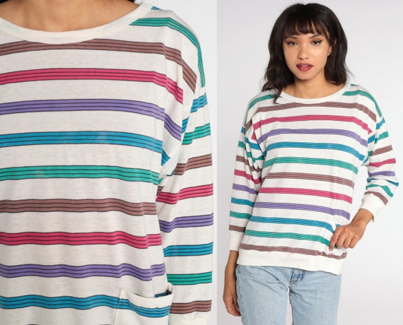 Striped Rainbow Shirt 80s Shirt Striped Blouse Sl… - image 1