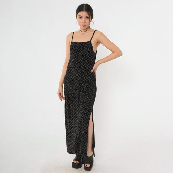 Vintage 90s Metallic Party Dress Silver Checkered Maxi Spaghetti Strap Side Slit Long Cocktail Going Out Glitter Strappy Sparkly 1990s Large