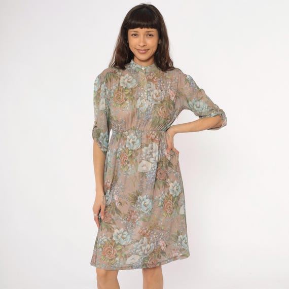 80s Sheer Floral Dress Button Front Long Sleeve Prairie Cottagecore Sage Green Pink Cream Pastel Vintage Summer Sundress Small Medium S M