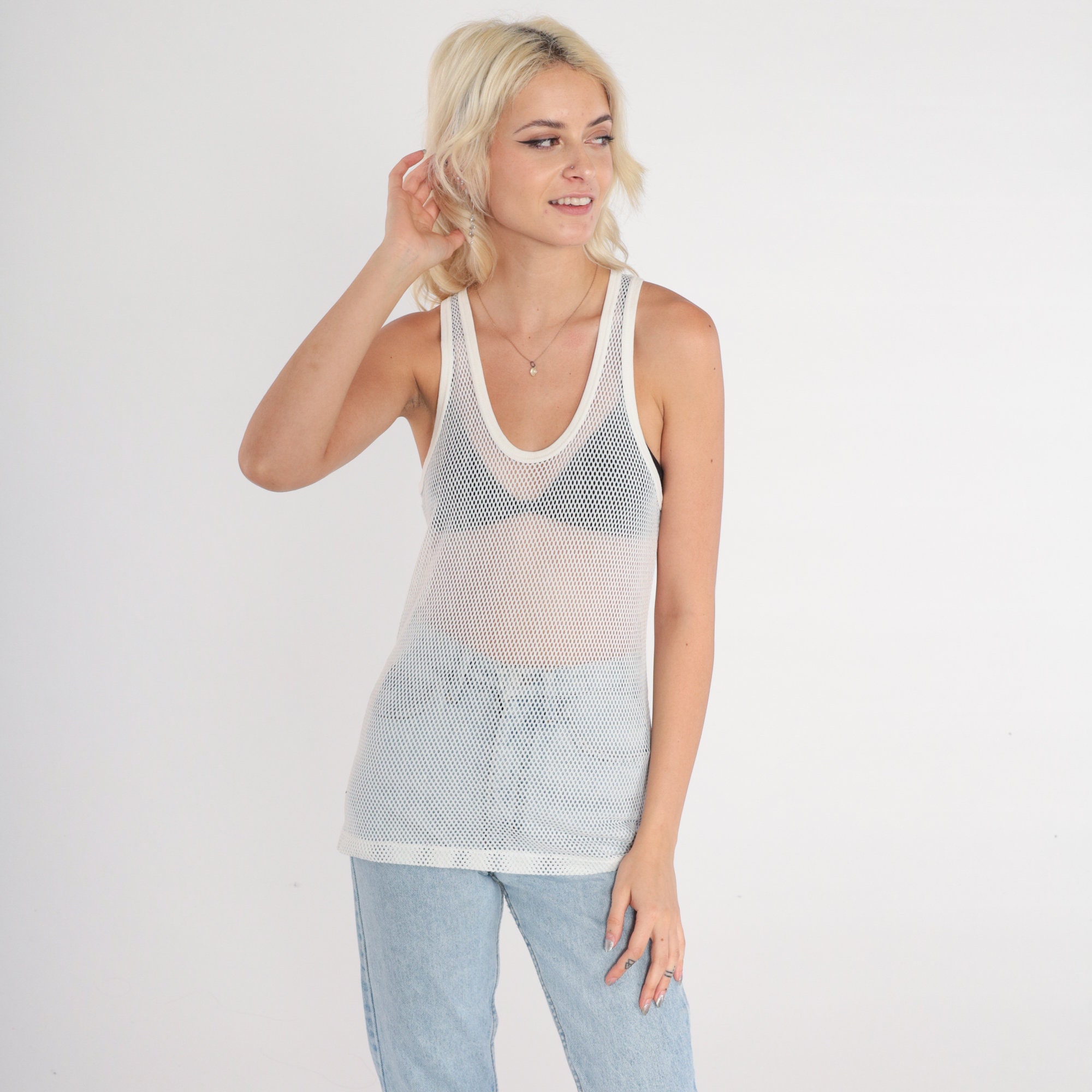 White Mesh Tank Top 80s Sheer Shirt Sleeveless Racerback Scoop Neck
