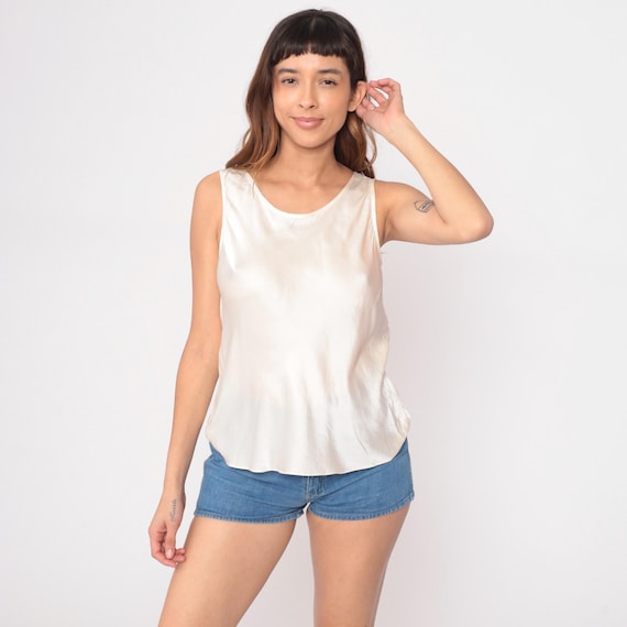 90s Silk Tank Cream Sleeveless Shell Top Ivory Off White Camisole Clean Girl Aesthetic Basic Neutral Summer Vintage Lounge Blouse Medium M