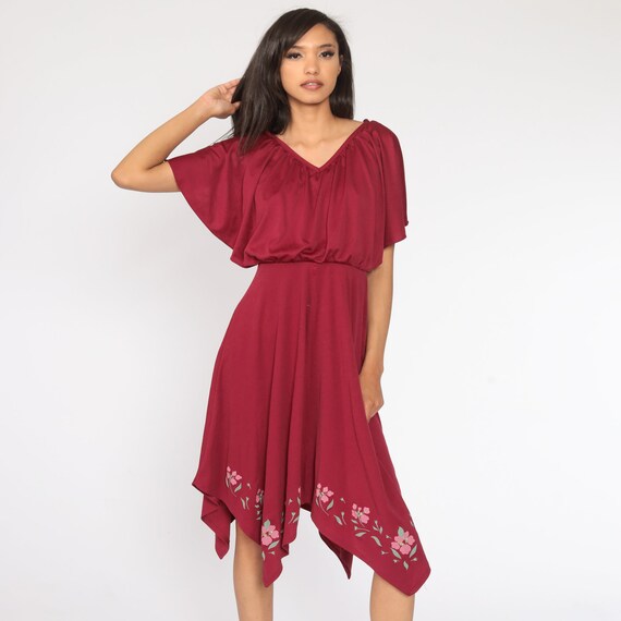 Grecian Party Dress 70s Midi Burgundy Floral High… - image 3