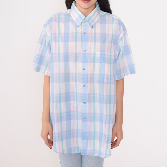 90s Plaid Shirt Checkered Button Up Shirt Short Sleeve Pastel Collared Top Preppy Blue Pink Yellow Green Retro Blouse Vintage 1990s Large L