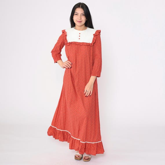 Vintage 70s Hawaiian Calico Maxi Dress Red Floral Prairie Yoke Ruffle Trim High Neck Cottagecore Boho 1970s Long Dress Sears Small Medium