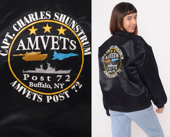AMVETS Bomber Jacket 90s Black Satin Jacket Carol Retro Uniform Buffalo New York Snap Up Windbreaker Vintage 1990s Oversized Large