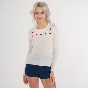 Floral Embroidered Sweater 70s White Ribbed Knit Pullover Sweater Top Semi-Sheer Cutout Retro Flower Hippie Vintage 1970s Small XS