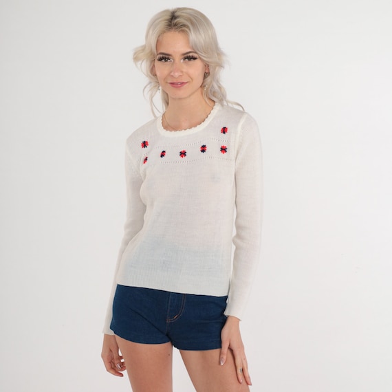 Floral Embroidered Sweater 70s White Ribbed Knit Pullover Sweater Top Semi-Sheer Cutout Retro Flower Hippie Vintage 1970s Small XS