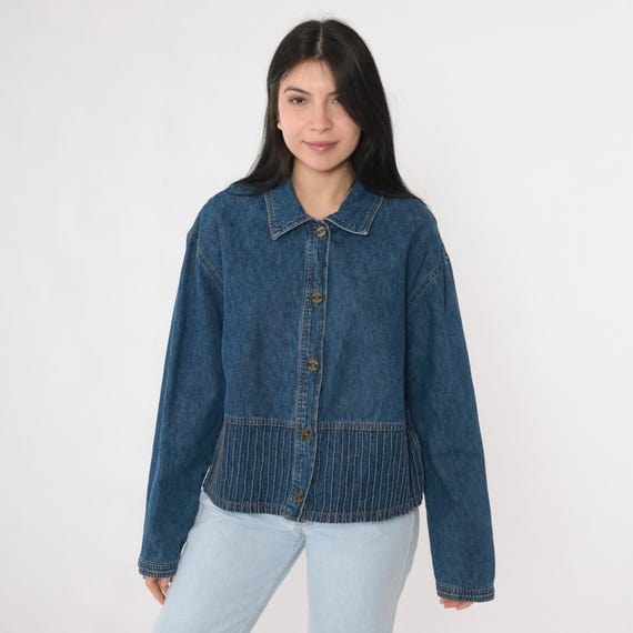 Vintage Denim Shacket 90s Studio Ease Button Up Jacket Midweight Jean Shirt Boxy Fit Pintuck Pleated Collared Cotton Top 1990s Large 12 T