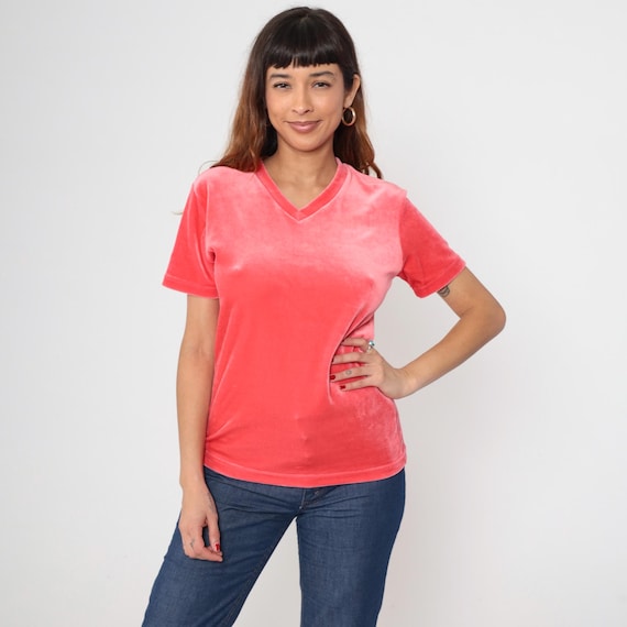 90s V Neck  Vintage Coral Pink Short Sleeve Velour Top Stretch Soft Plush Fitted Y2K Minimal Brand Lounge Party Club Y2K Party Medium M
