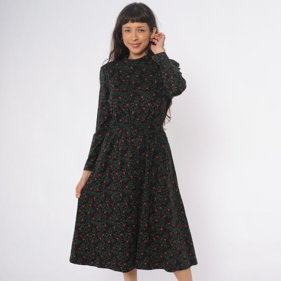 90s Bird Print Dress Black Red Floral Dark Cottagecore Midi Long Sleeve Mock Neck Cotton Talbots A Line Fit Flare Nature Vintage Medium M