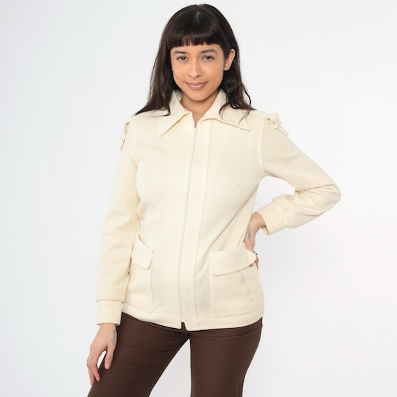 Vintage Cream Zip Up Jacket 70s Long Sleeve Utility Pockets Shoulder Epaulettes 1970s Mod Minimalist Outerwear Small S