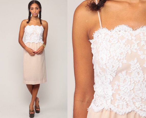 Boho Party Dress 70s LACE Dress Bohemian White Cocktail Formal High Waisted 1970s Midi Nude Vintage Spaghetti Strap Extra Small xs