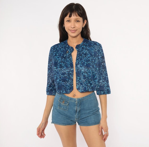 60s Blue Jacquard Cropped Jacket Cobalt Floral Brocade Open Front Bolero Three Quarter Sleeve Navy Damask Vintage Top Medium M