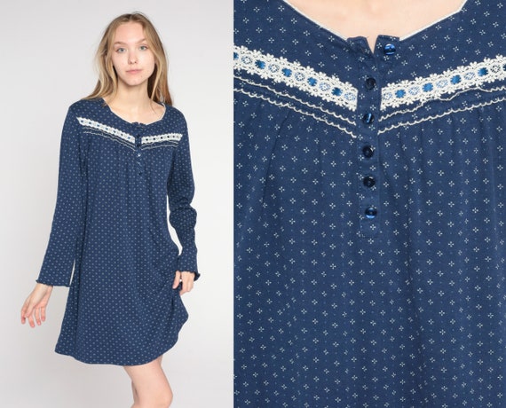 Retro Pajama Dress Y2K Blue Calico Floral Print Nightgown Long Sleeve Mini Nightie Bib Button Up Lounge Dress Nightie Vintage 00s Large L