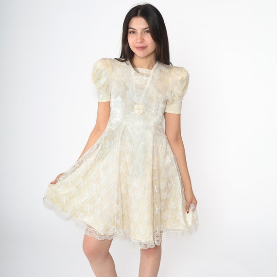 80s Jessica McClintock Dress White Lace Mini Dress Yellow Puff Sleeve Fit and Flare Vintage Rosette 1980s 2xs xxs - Youth Size
