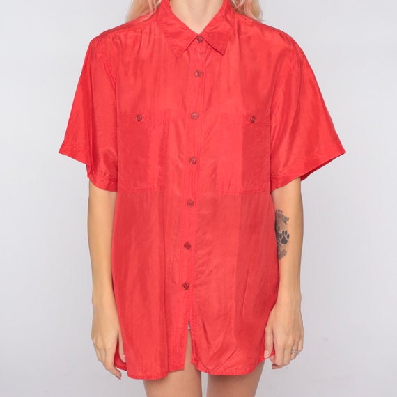 Red Silk Blouse 90s Button Up Shirt Retro Plain S… - image 6