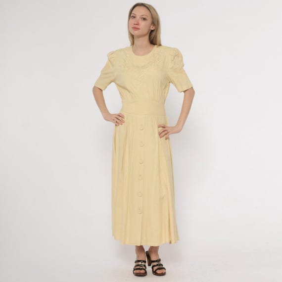 Yellow Floral Day Dress 90s Maxi Dress Embroidered Lace Bodice Short Sleeve Smocked Waist Cottagecore Prairie Nerdcore Evening Gown Small S