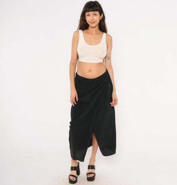Black Silk Wrap Skirt 2000s Moda Intl Draped Front Slit Low Rise Waist Evening Going Out Minimalist Vintage Gothic Grunge Bottoms Large L
