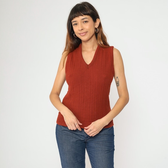 Vintage Rust Sweater Vest 80s Knit Tank Top Retro Sleeveless V Neck Pullover Shirt Burnt Orange Basic Plain Layering Knitwear 1980s Small