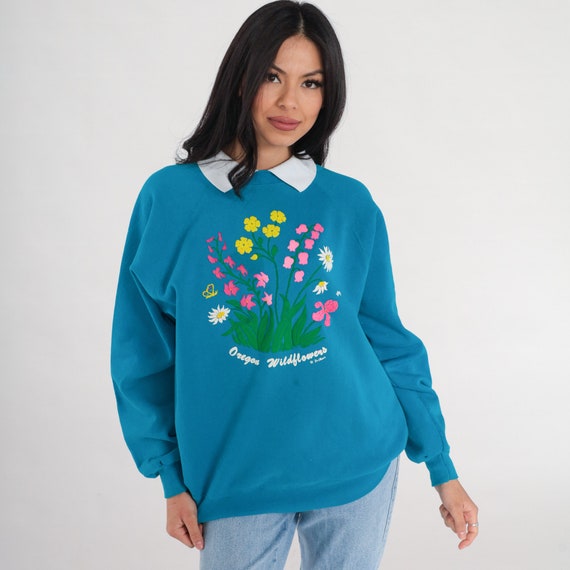Oregon Wildflowers Sweatshirt 90s Blue Puffy Paint Collared Floral Sweatshirt Flower Graphic Sweater Raglan Sleeve Retro Vintage 1990s XL