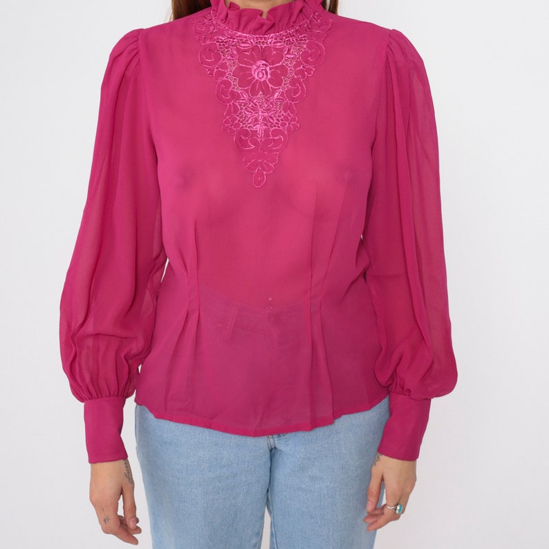 Sheer Victorian Blouse 70s 80s Fuchsia Eyelet Floral Embroidered Chiffon Top Party Long Puff Sleeve Shirt Formal Vintage 1980s Medium 8 image 9