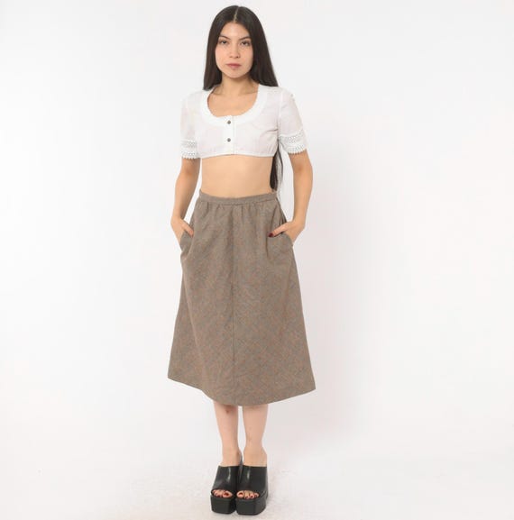 Glen Plaid Wool Skirt 80s A Line Brown Tan Houndstooth Check Midi Side Pockets Gathered Waist Preppy Taupe Camel Vintage Extra Small XS