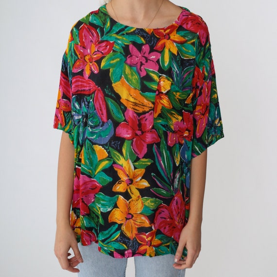 Tropical Floral Blouse 90s Boho Shirt Short Sleev… - image 6
